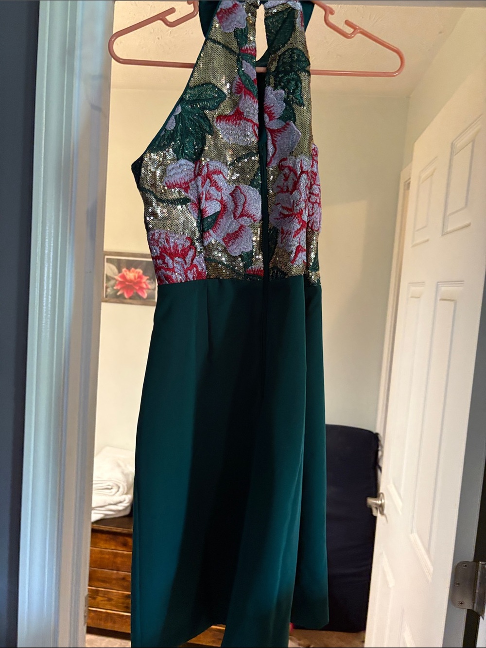 Boston Proper Emerald Green Halter Dress with Floral Sequin Bodice
